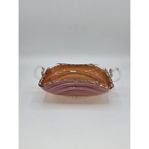Murano‎ Art Glass Ruffled Candy Dish Pink Agate Swirl Applied Gold Flake Handles